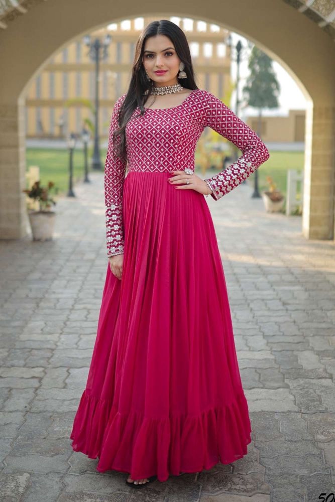 Pink Gown Dress with Embroidered Georgette