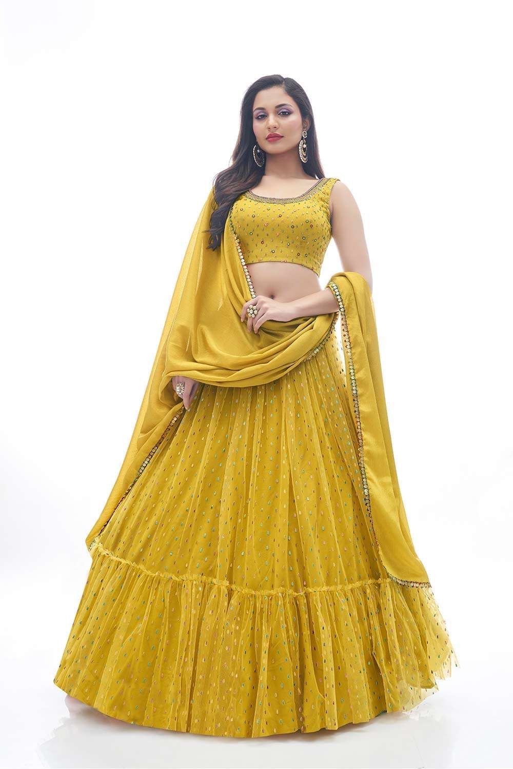 Yellow Color Women Lehenga bridesmaid Embroidered Attractive PartyWear Malay Satin Silk Semistich lehenga choli with Heavy Net fashion dupatta