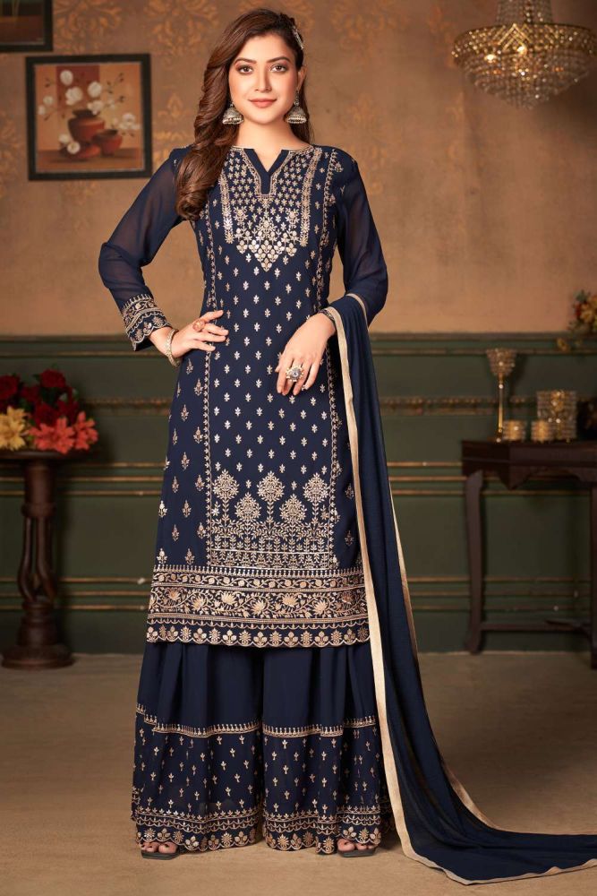 Navy blue Sharara suit Online Designer Faux georgette Sharara suit with Navy Blue Dupatta UK SS0874