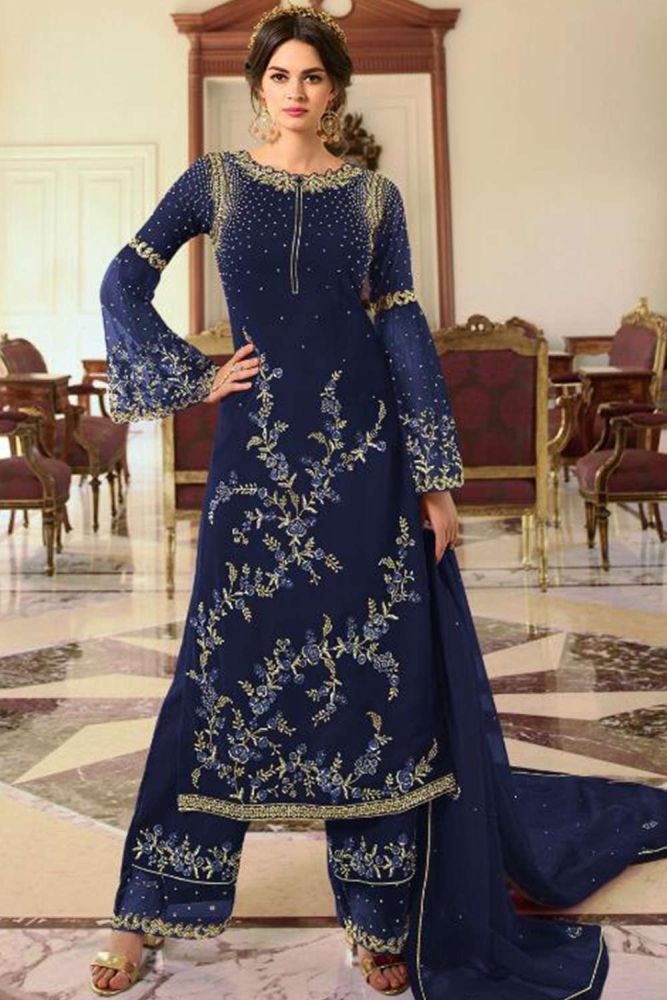 Eid Dresses Buy Designer Navy Blue Georgette Pakistani Suits UK PZ1413