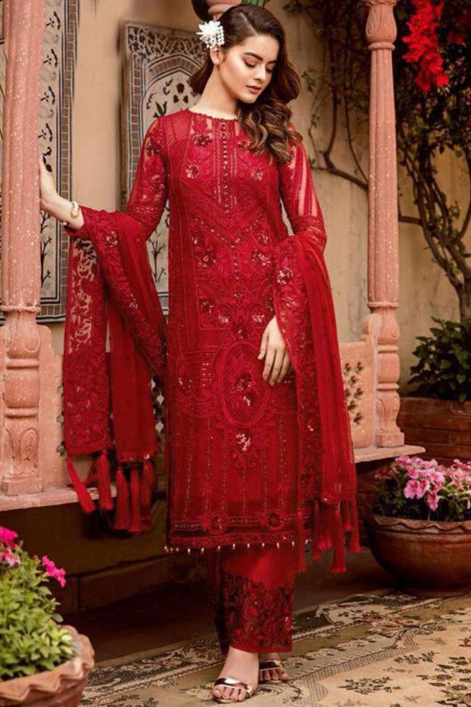 Red embroidered dress pakistani sale