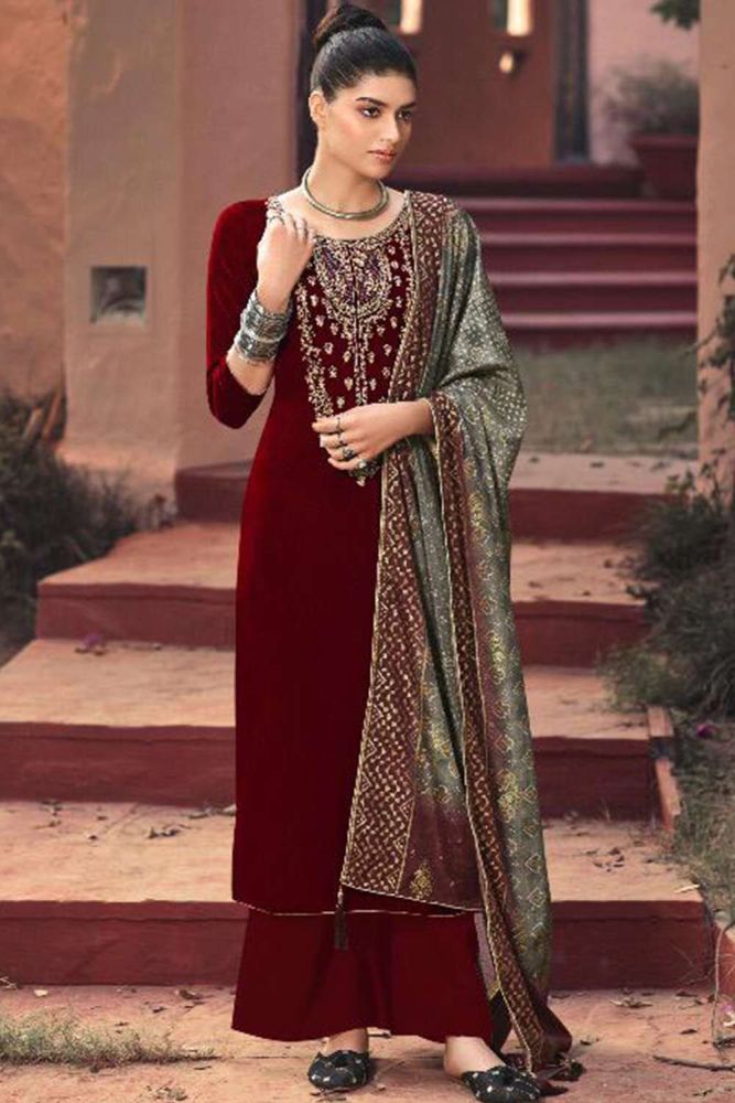 Velvet Palazzo Suit with Velvet in Maroon