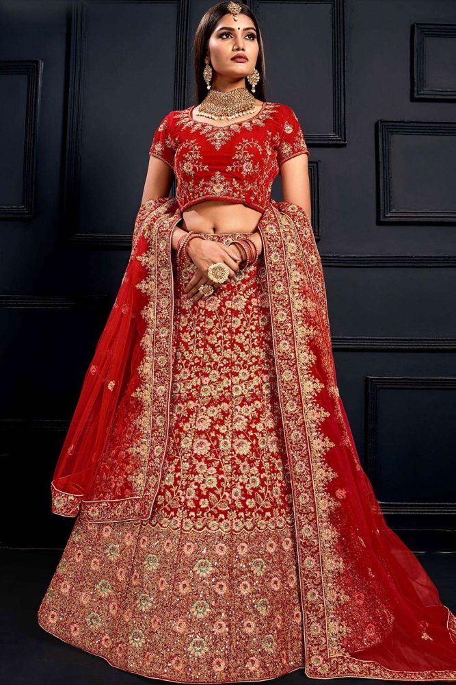 Red velvet lehenga designs clearance