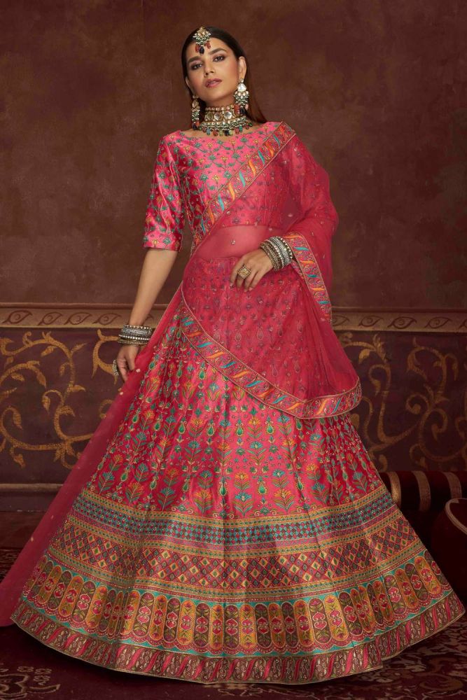 Art silk Printed Pink Wedding Lehenga Choli with Dupatta