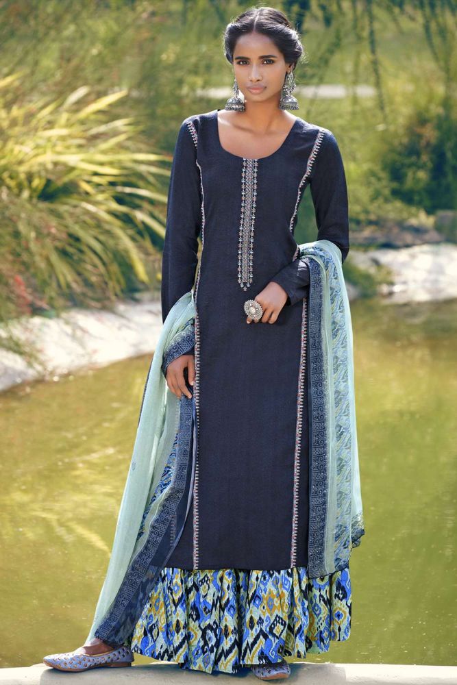 Navy blue Palazzo suit Online Designer Jam satin Palazzo suit with Blue Dupatta UK PZ2899