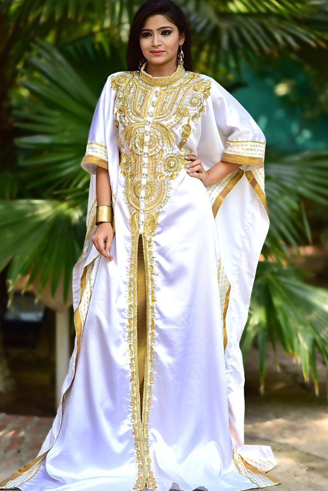 Gold white crepe satin and silk abaya kaftan KF0088