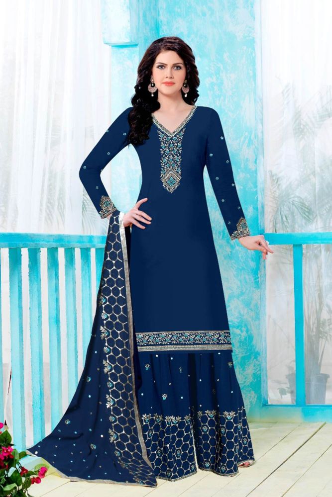 Navy Blue Satin Georgette Palazzo Suit Indian Casual Wear with Fancy Embroidered Work Work Online in United Kingdom