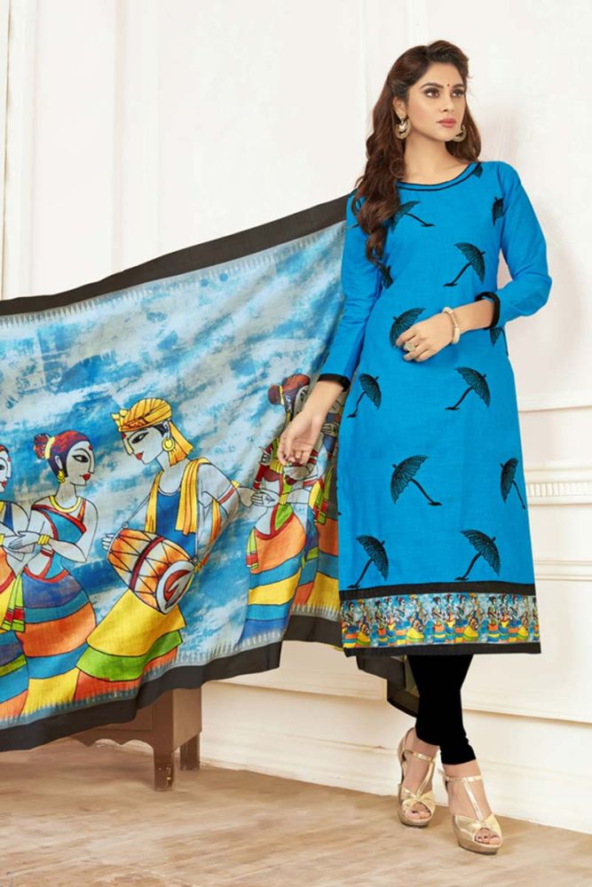 Blue color Khadi Cotton Churidar Suit Online Designer Churidar Suit with Multi Dupatta