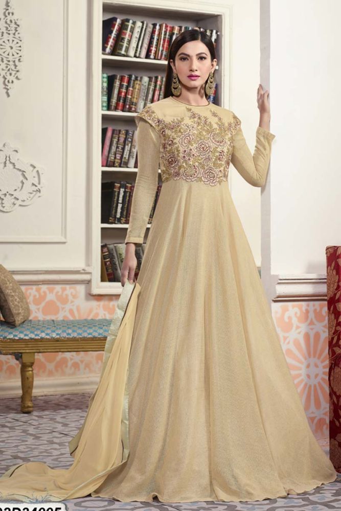 Beige Poly Silk Jacquard Net Anarkali Suit Indian Designer Suit with Embroidered Work Online in United Kingdom
