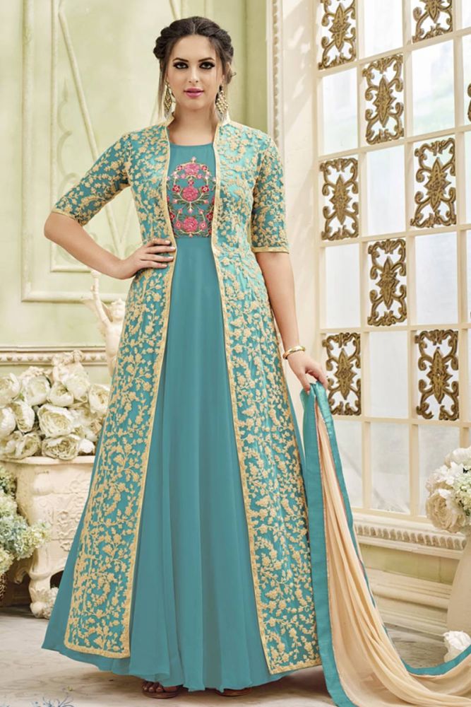 Blue Inner Georgette Jacket Net Anarkali Suit Indian Designer Suit with Embroidered Work Online in United Kingdom