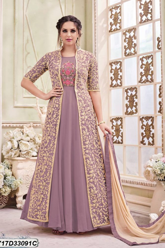 Violet Inner Georgette Jacket Net Anarkali Suit Indian Designer Suit with Embroidered Work Online in United Kingdom