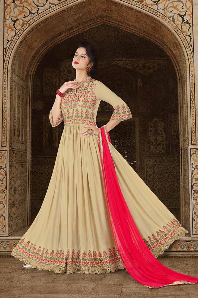 Beige Satin Anarkali Suit Indian Designer Suit with Thread Jari Embroidery With Stone work Online in UK