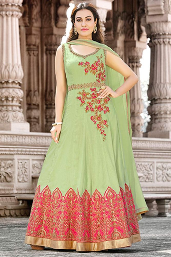 Light Green color Satin Cotton Anarkali Suit
