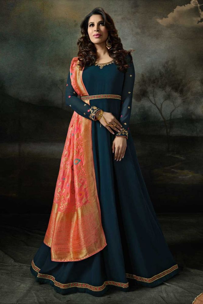 Prussian Blue Georgette Anarkali Suit Indian Designer Suit with Jari Resham Embroidery With Stone work Online in United Kingdom