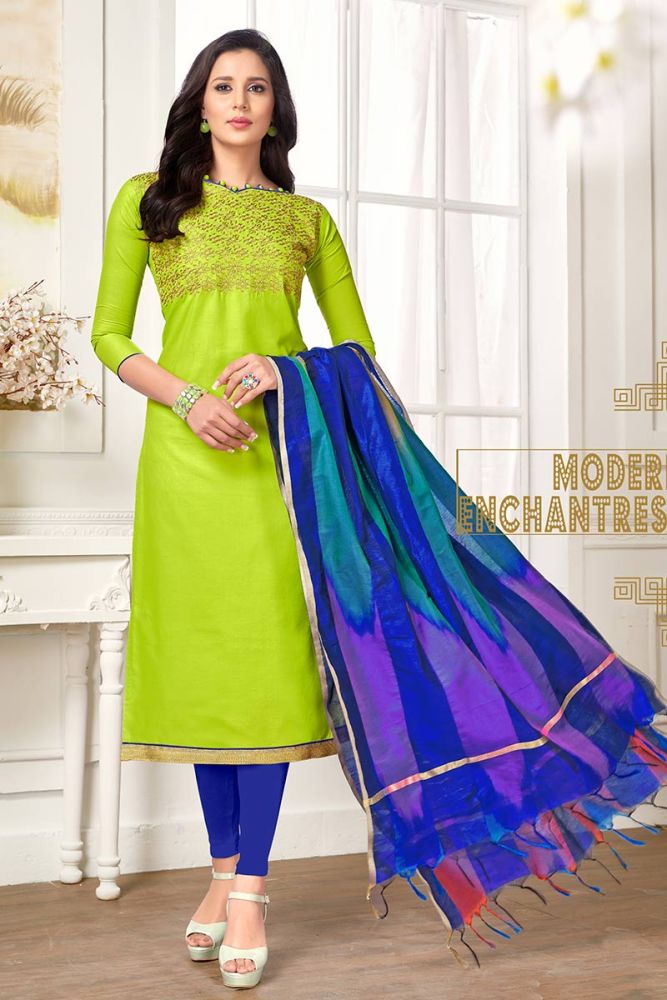 Parrot Green Cotton Churidar Suit