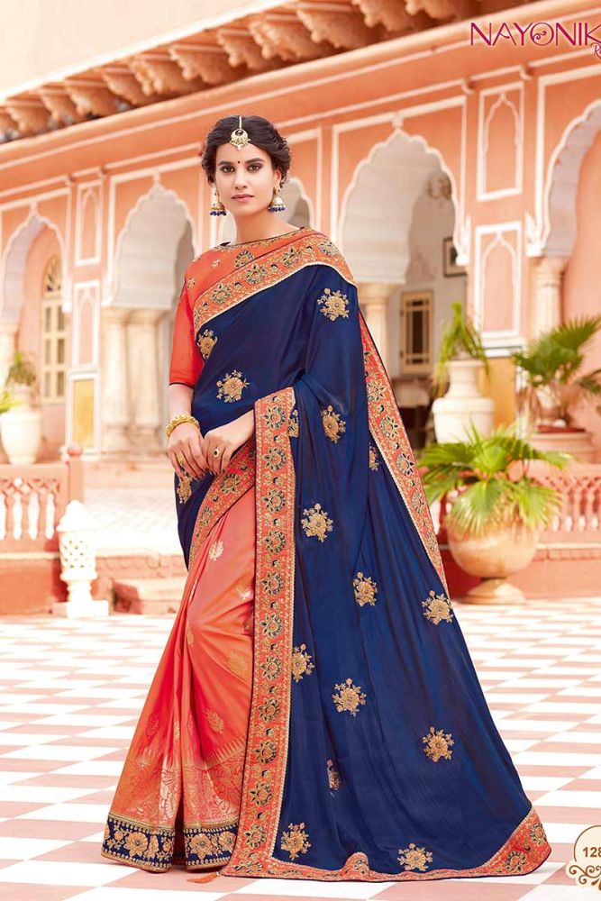Red saree with navy blue blouse on sale