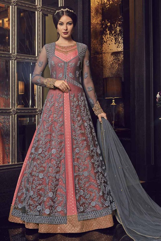 Gown Pink Jacket Grey Gown Chanderi Jacquard Jacekt Net Anarkali Suit Indian Designer Suit with Jari Thread Embroidery With Stone Moti work Online in United Kingdom