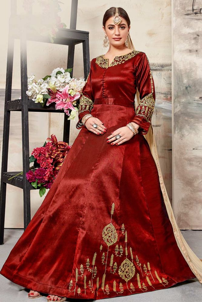 Red Art Silk Anarkali Suit Indian Designer Suit with Coding With Stone work Online in UK