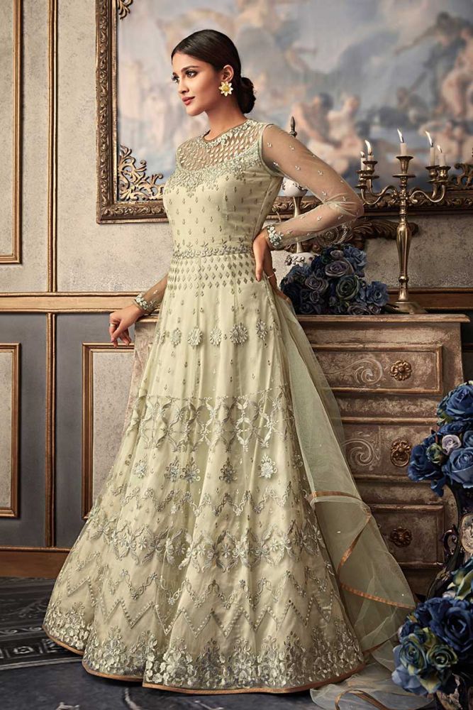 Off White Net Anarkali Suit Indian Designer Suit with Thread Embroidery With Stone work Online in United Kingdom