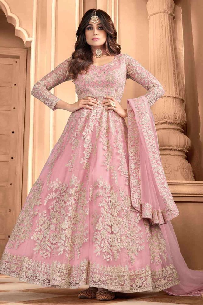 Net Anarkali Suit in Pink