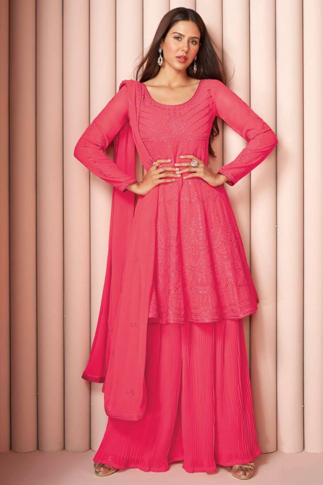 Embroidered Georgette Pink Palazzo Suit with Dupatta
