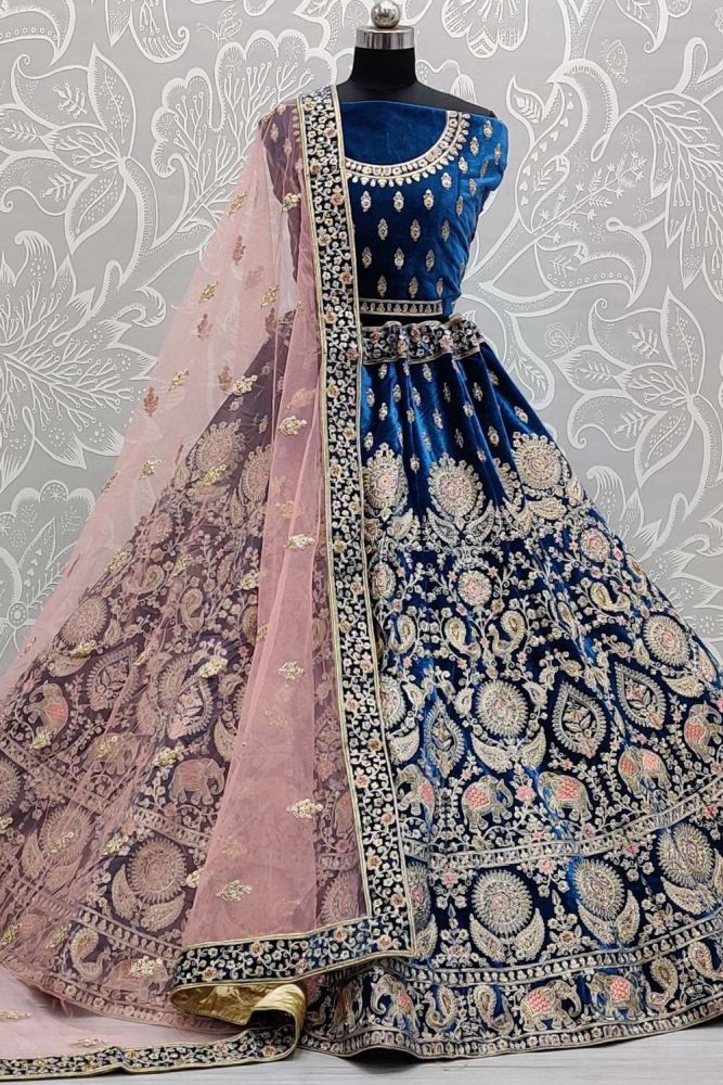 Velvet Blue Wedding Lehenga Choli in Dori Jari Embroidery Diamond Work