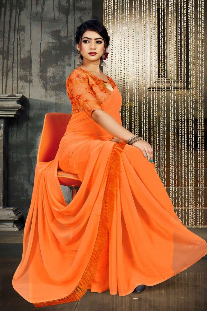 Orange Georgette Saree with Weaving plain