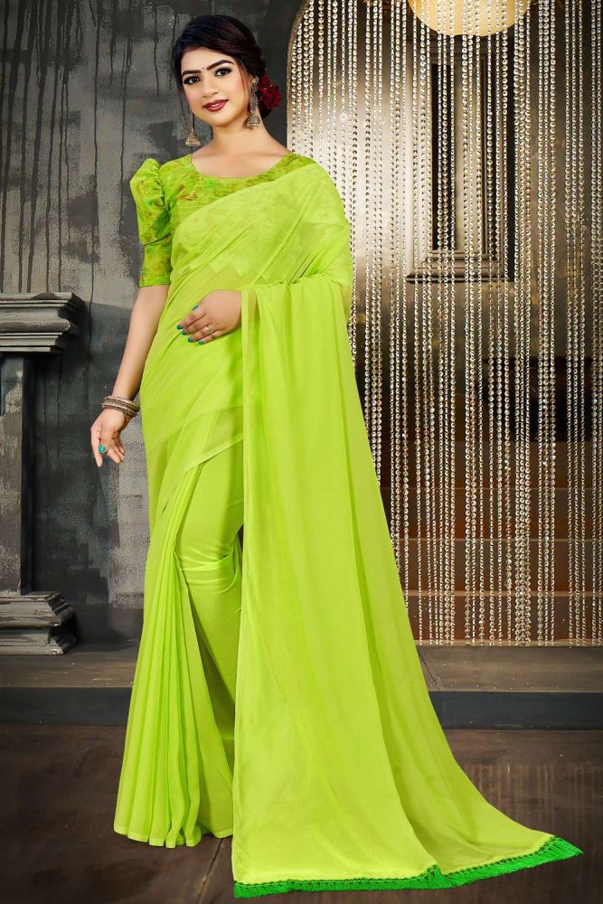 Plain green saree with designer blouse clearance
