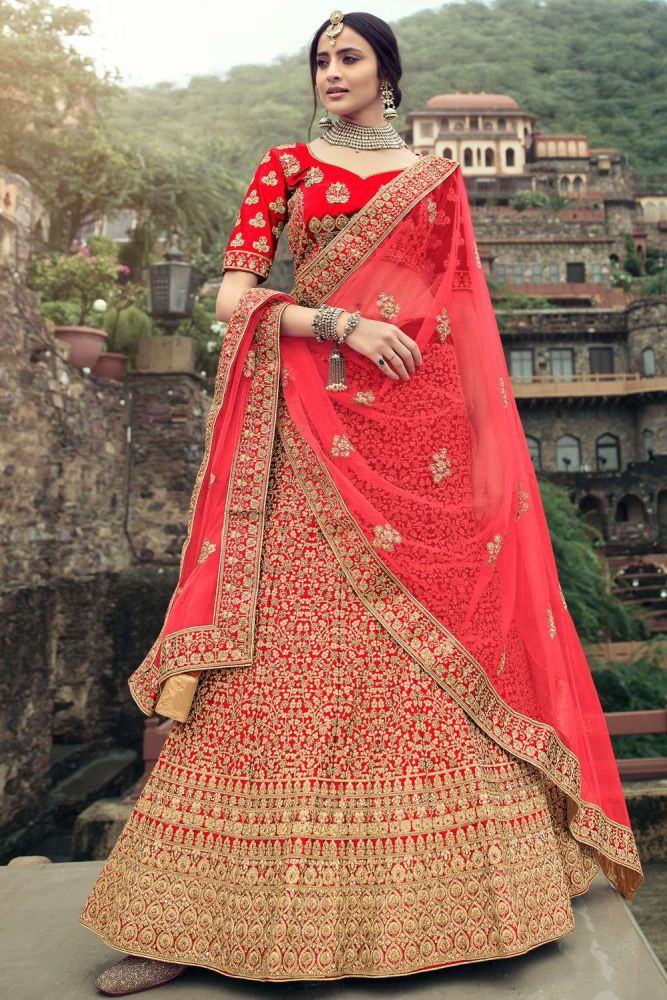 Red Wedding Lehenga Choli Online Designer Satin Lehenga Choli with Red Dupatta UK LC4622