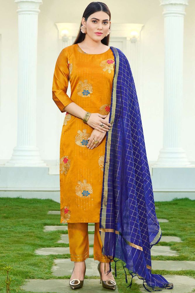 Yellow Salwar kameez Online Designer Silk Salwar kameez with Blue Dupatta UK SK14376