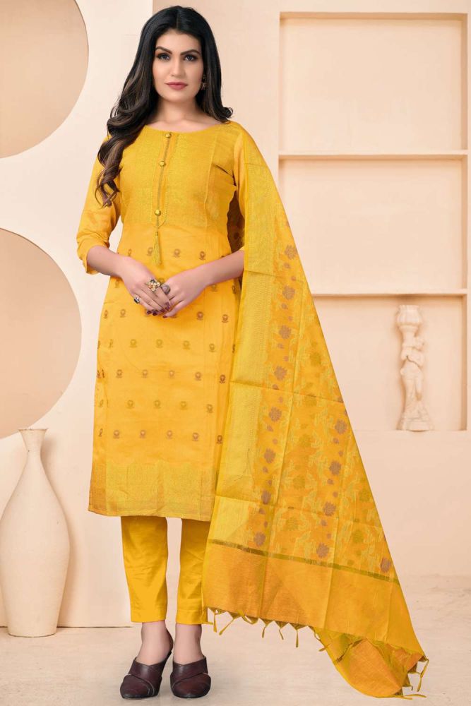 Banarsi jacquard Yellow Salwar Kameez in Weaving