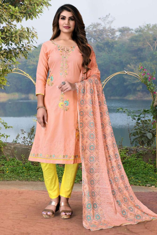 Embroidered Cotton Peach Salwar Kameez with Dupatta