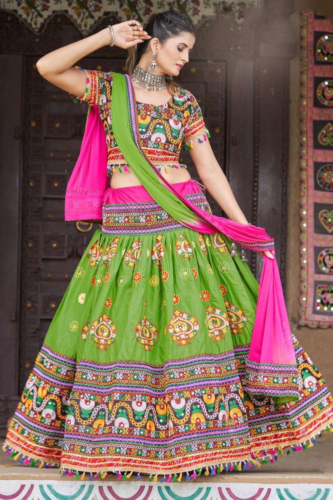 Embroidered Navratri Lehenga Choli in Green Cotton