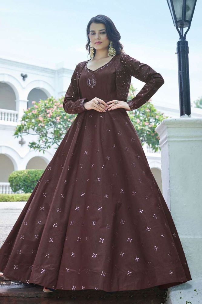 Cotton embroidered maroon gown dress with dupatta UK GW0385