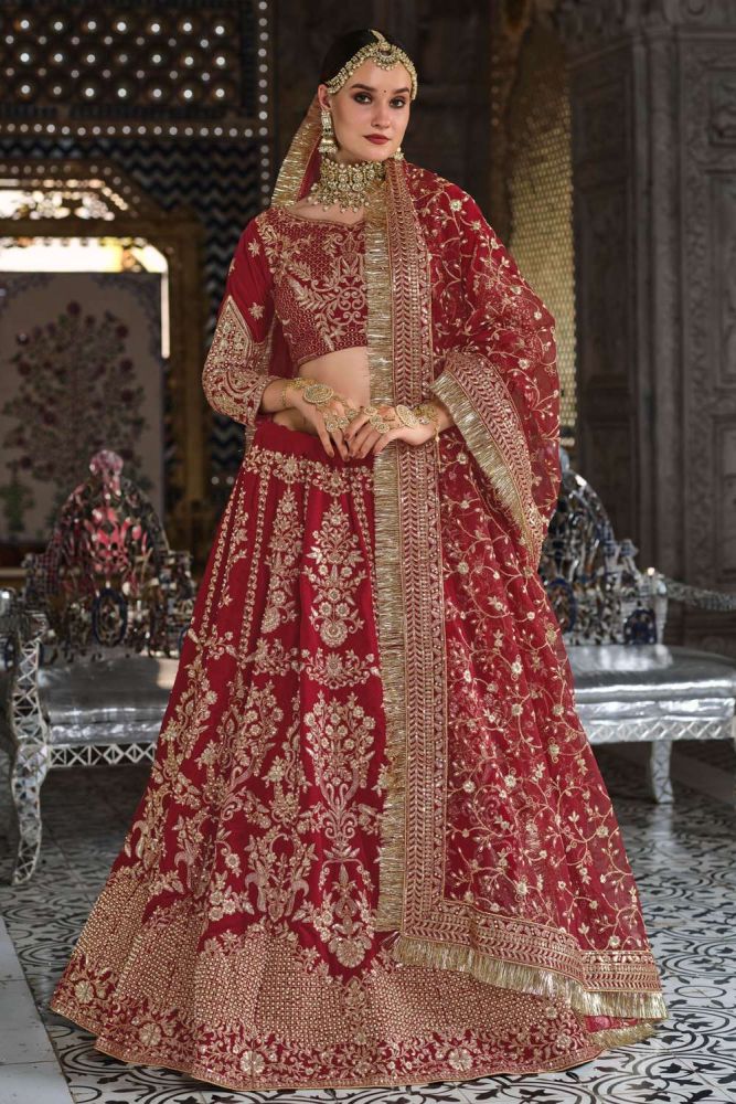 Bridal Lehenga Choli with Embroidered Velvet in Maroon