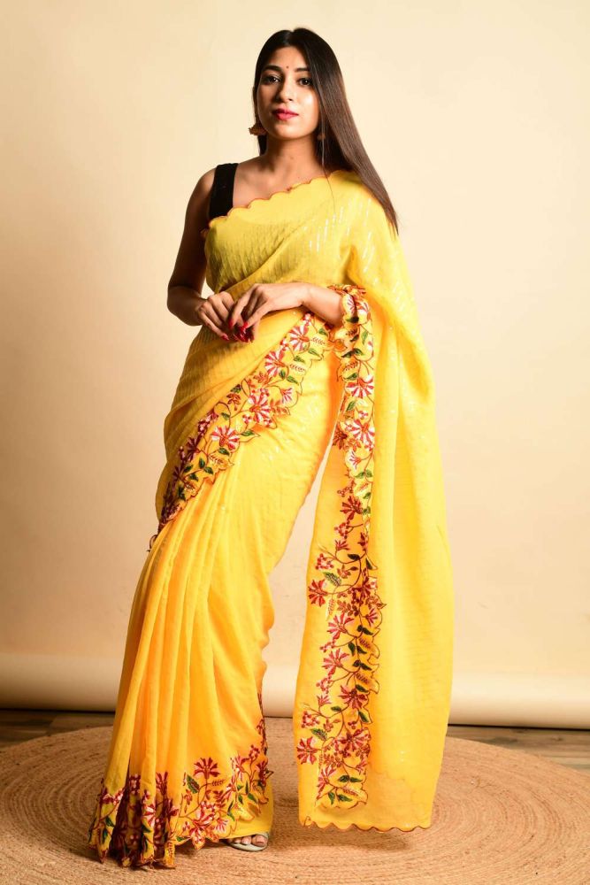 Yellow saree style on sale