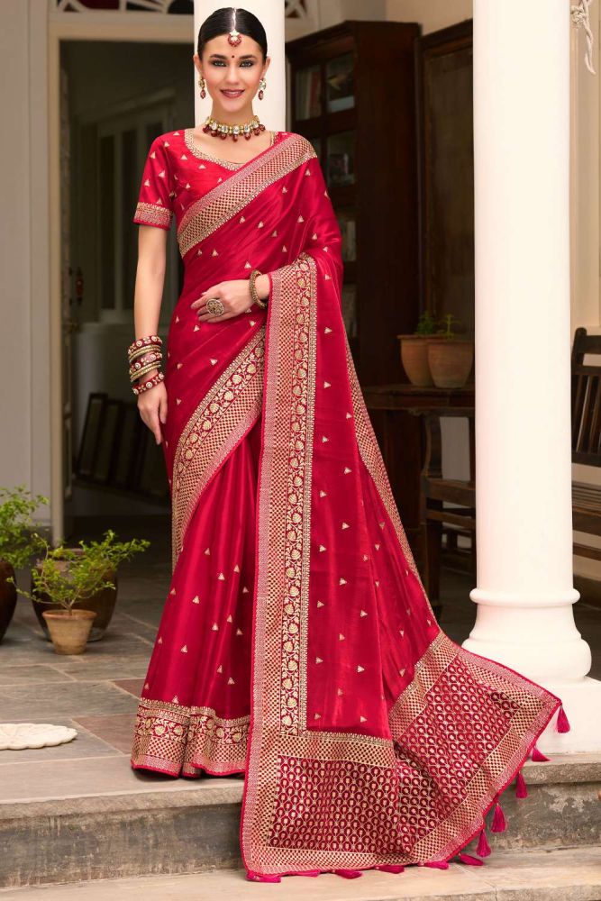Crimson red Zari embroidered Silk Wedding Saree