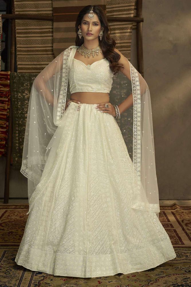 White Party Lehenga Suit Online Designer Georgette Lehenga Choli with White Dupatta UK LC6084