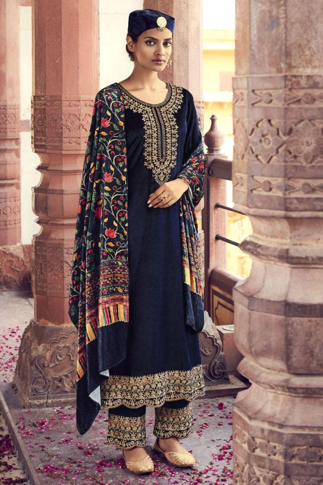 Blue Palazzo suit Online Designer Velvet Palazzo suit with Blue Dupatta UK PZ3341