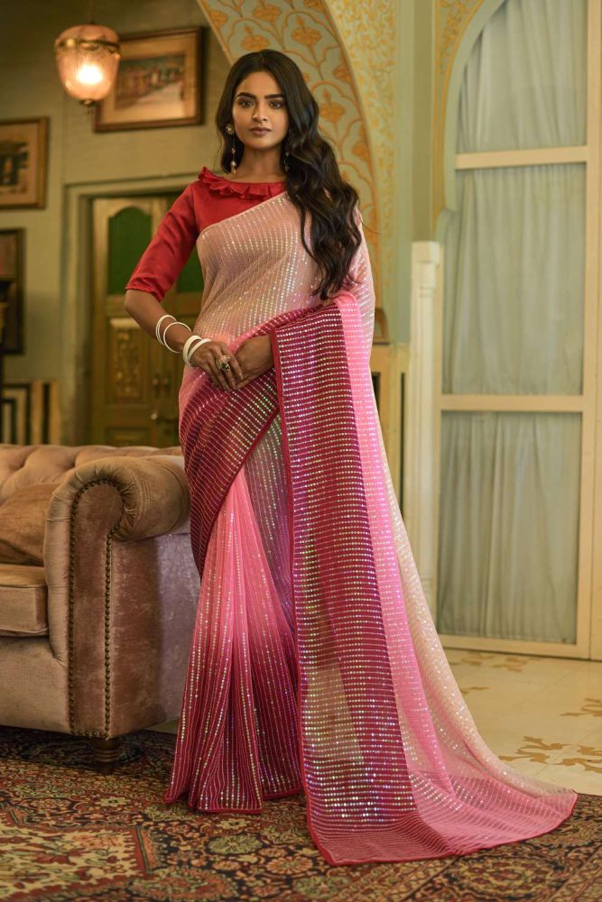 Embroidered Georgette Pink Saree with Blouse