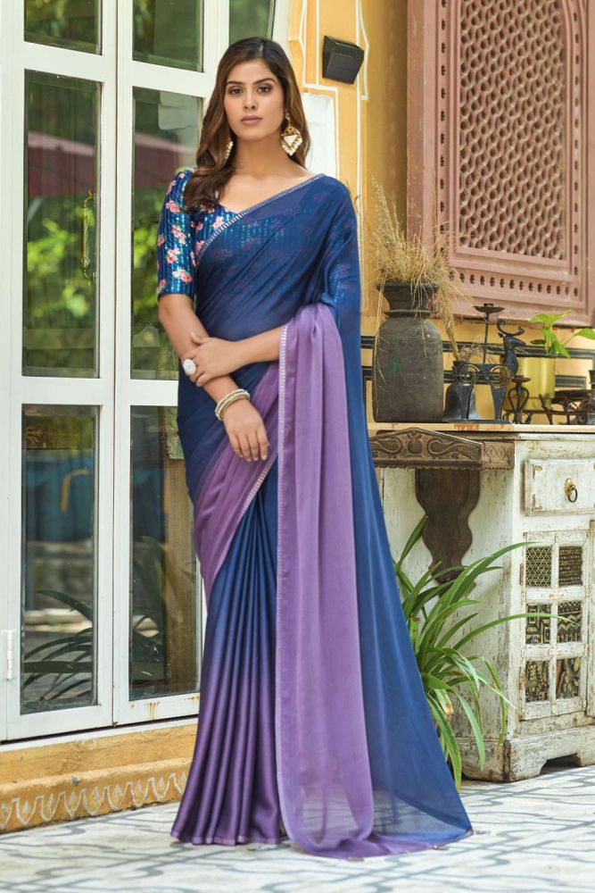Teal blue Saree in Plain Chiffon