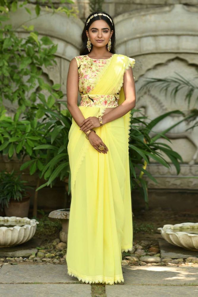 Yellow party wear saree outlet