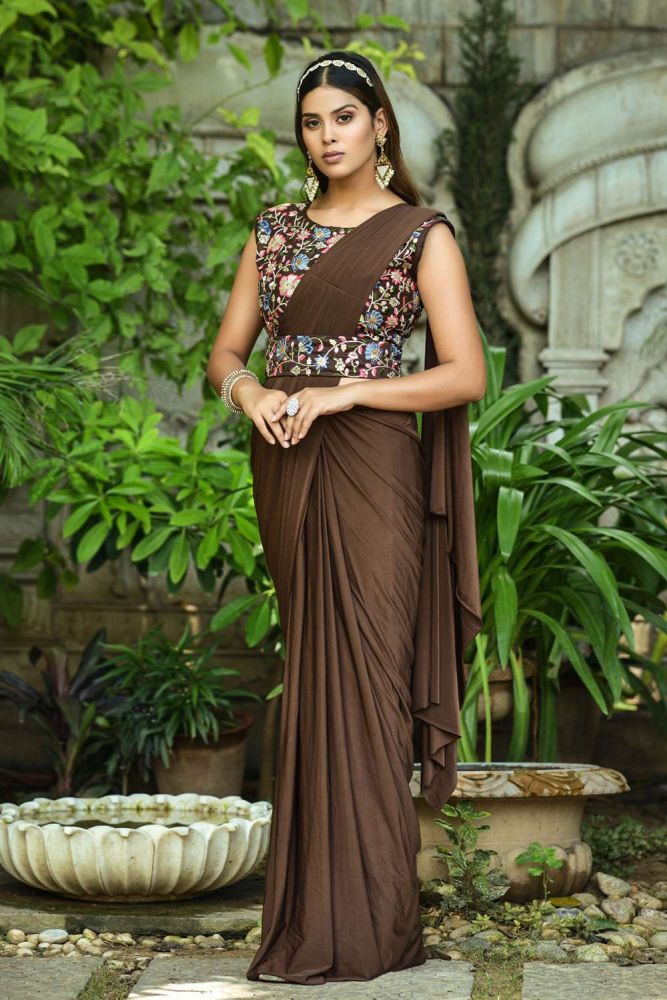 Brown Party Wear Saree Online Designer Banglori silk saree with Lycra Blouse at Shopkund UK SR23306