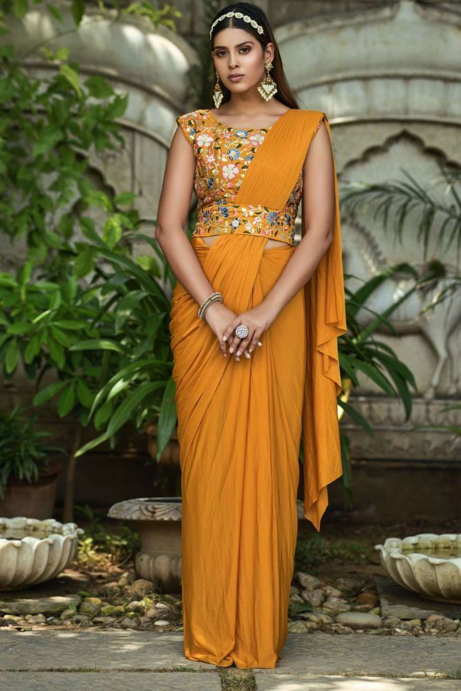 Mustard Party Wear Saree Online Designer Banglori silk saree with Lycra Blouse at Shopkund UK SR23308
