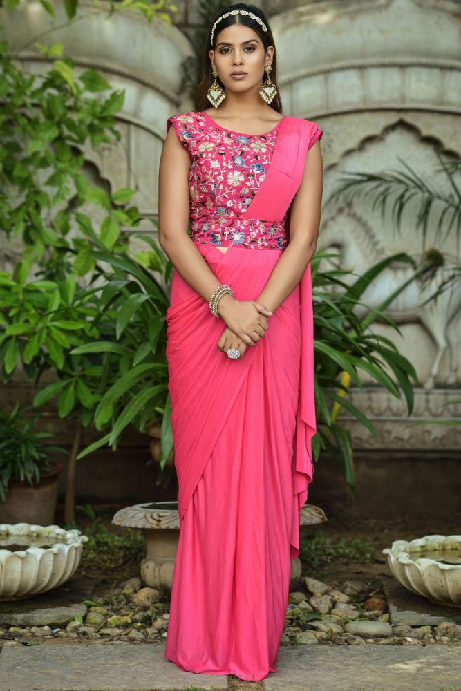 Lycra Party Wear Saree with Thread embroidered in Pink