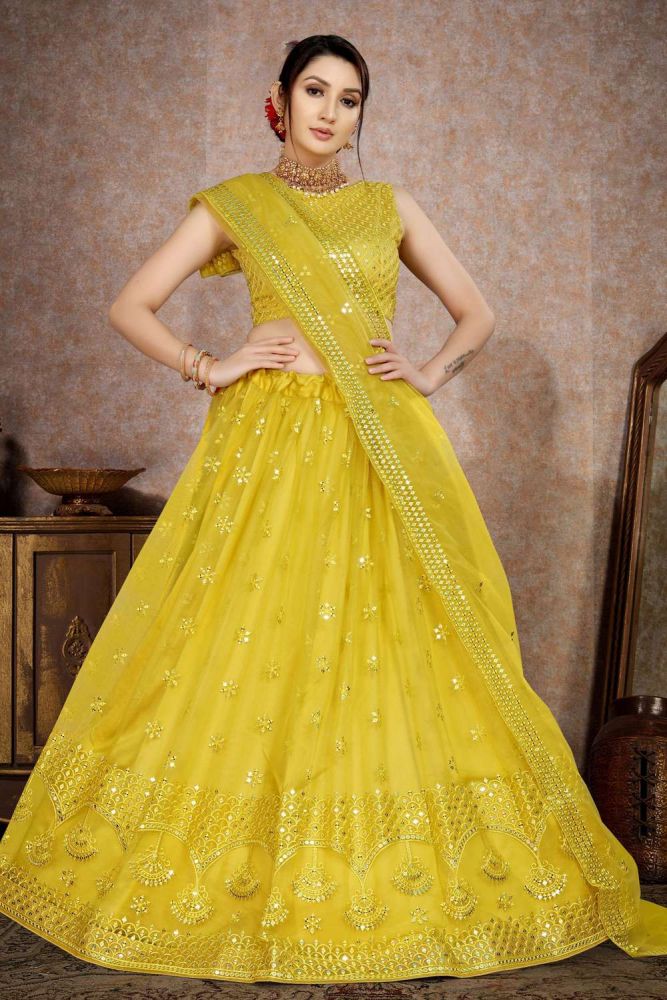 Yellow net lehenga choli with dupatta cheap