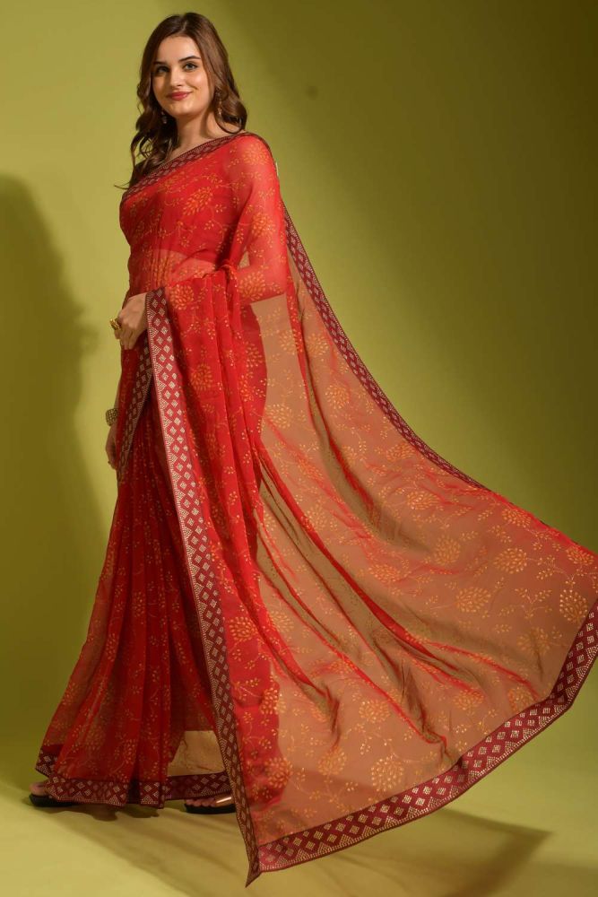Red Party Wear Saree Online Designer Banglori silk saree with Chiffon Blouse at Shopkund UK SR23440