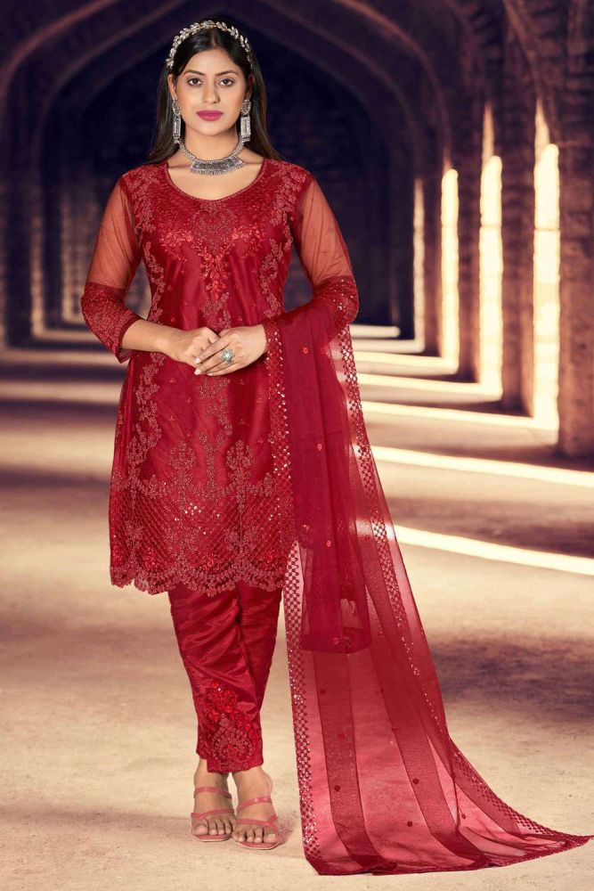 Red Pakistani suit Online Designer Net Pakistani suit with Red Dupatta UK SK15244