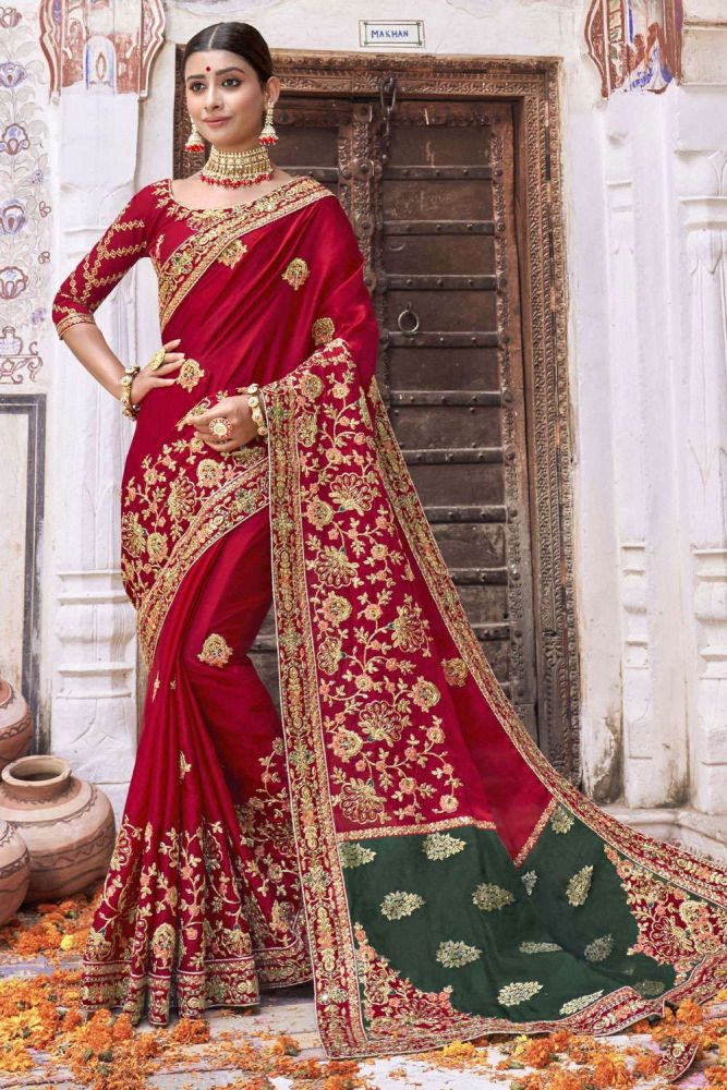 Embroidered stone with moti Wedding Saree in Red Silk
