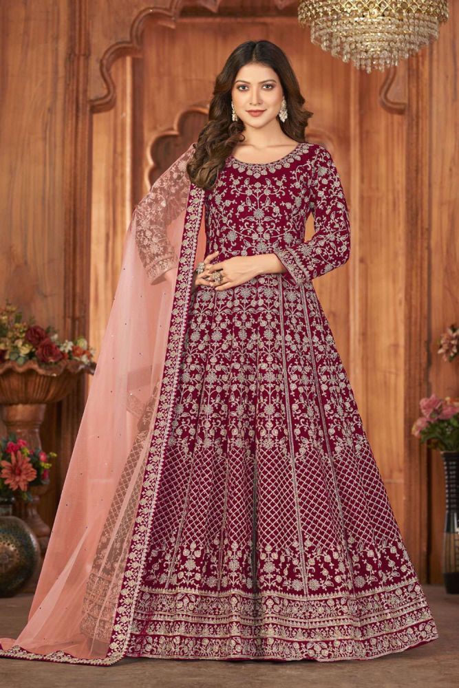 Maroon Anarkali suit Online Designer Velvet Anarkali suit with Peach Dupatta UK AS3351